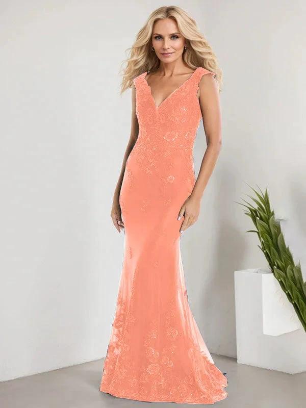 A-line V-Neck Floor-Length Lace Chiffon Mother of the Bride Dress With Applique Sequins Mermaid Dresses - Image 11