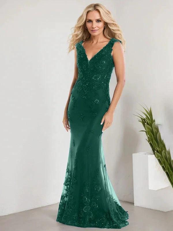 A-line V-Neck Floor-Length Lace Chiffon Mother of the Bride Dress With Applique Sequins Mermaid Dresses - Image 12