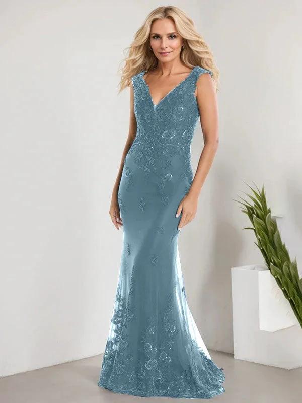 A-line V-Neck Floor-Length Lace Chiffon Mother of the Bride Dress With Applique Sequins Mermaid Dresses - Image 13
