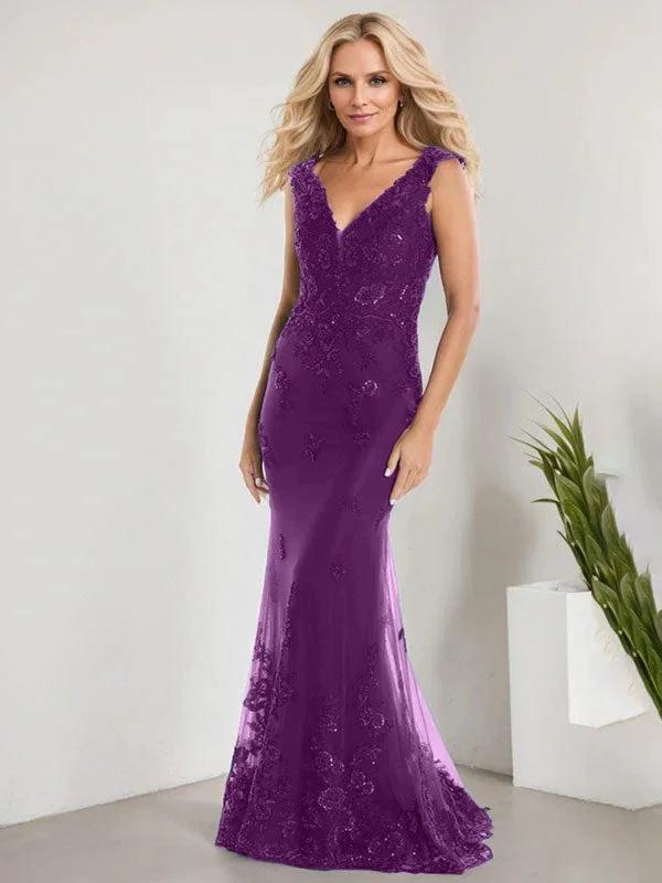 A-line V-Neck Floor-Length Lace Chiffon Mother of the Bride Dress With Applique Sequins Mermaid Dresses - Image 17