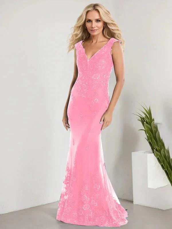 A-line V-Neck Floor-Length Lace Chiffon Mother of the Bride Dress With Applique Sequins Mermaid Dresses - Image 18