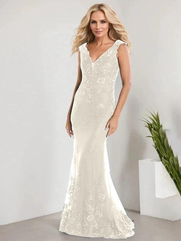 A-line V-Neck Floor-Length Lace Chiffon Mother of the Bride Dress With Applique Sequins Mermaid Dresses - Image 19