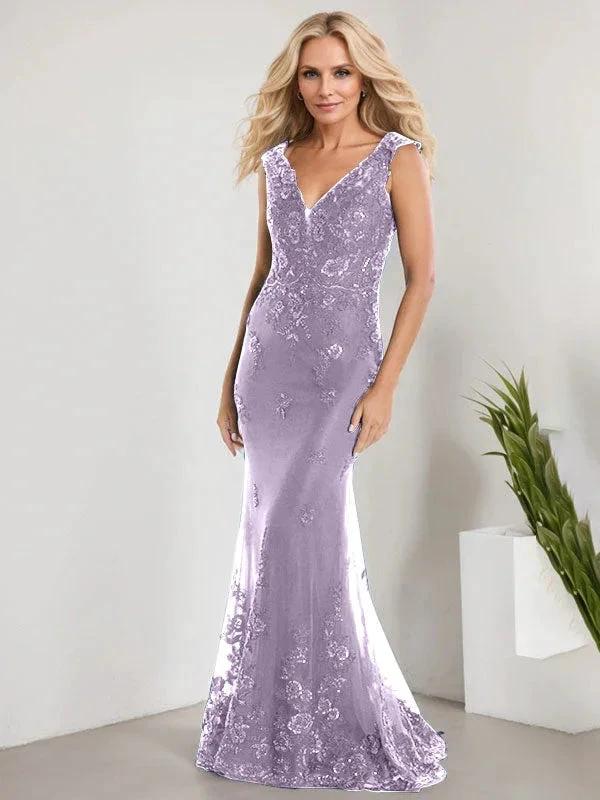 A-line V-Neck Floor-Length Lace Chiffon Mother of the Bride Dress With Applique Sequins Mermaid Dresses - Image 20