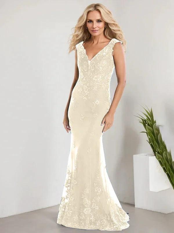 A-line V-Neck Floor-Length Lace Chiffon Mother of the Bride Dress With Applique Sequins Mermaid Dresses - Image 21