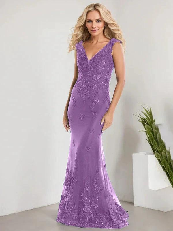 A-line V-Neck Floor-Length Lace Chiffon Mother of the Bride Dress With Applique Sequins Mermaid Dresses - Image 23