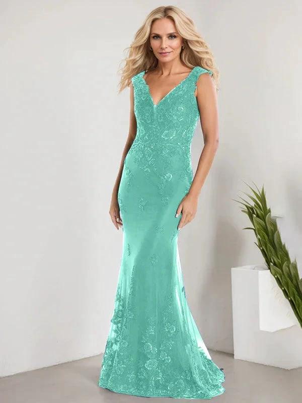 A-line V-Neck Floor-Length Lace Chiffon Mother of the Bride Dress With Applique Sequins Mermaid Dresses - Image 26