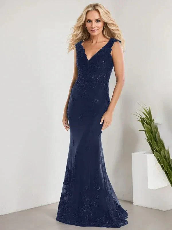 A-line V-Neck Floor-Length Lace Chiffon Mother of the Bride Dress With Applique Sequins Mermaid Dresses - Image 27