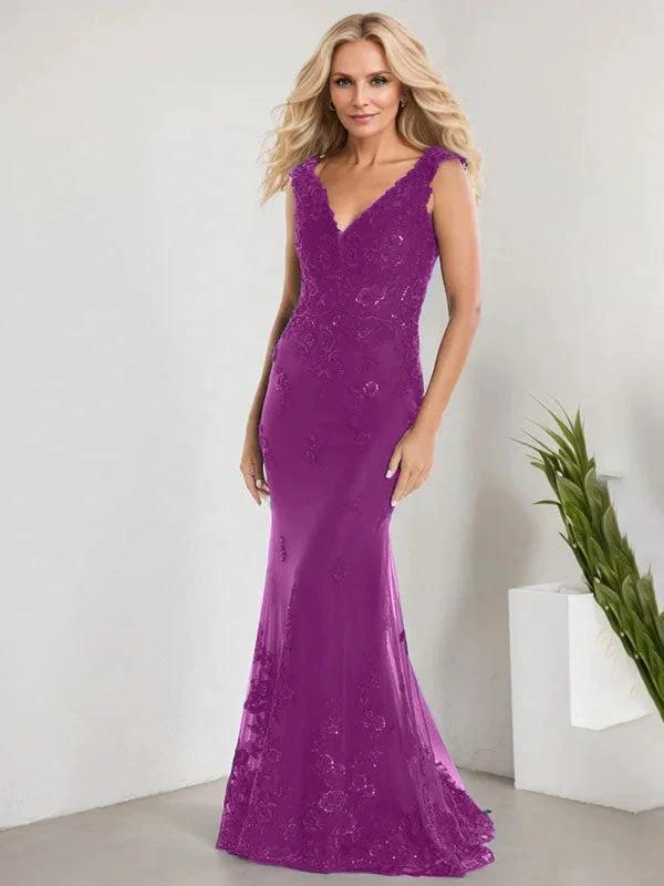 A-line V-Neck Floor-Length Lace Chiffon Mother of the Bride Dress With Applique Sequins Mermaid Dresses - Image 29