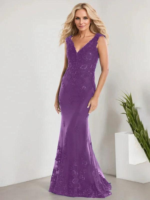 A-line V-Neck Floor-Length Lace Chiffon Mother of the Bride Dress With Applique Sequins Mermaid Dresses - Image 30