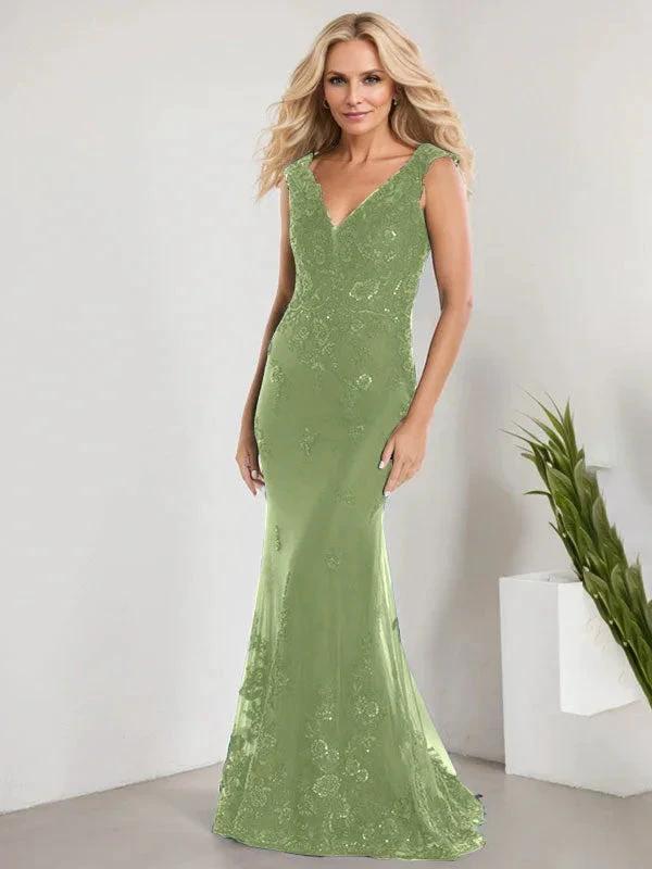 A-line V-Neck Floor-Length Lace Chiffon Mother of the Bride Dress With Applique Sequins Mermaid Dresses - Image 33