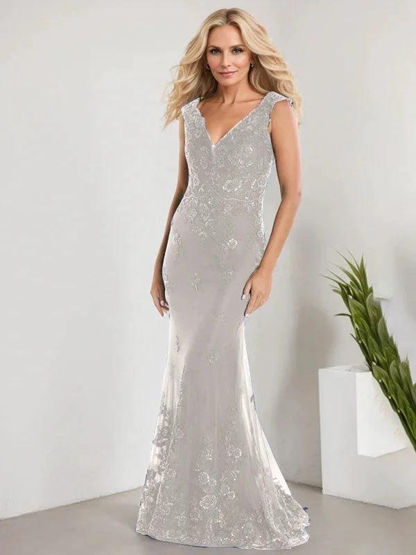 A-line V-Neck Floor-Length Lace Chiffon Mother of the Bride Dress With Applique Sequins Mermaid Dresses - Image 34