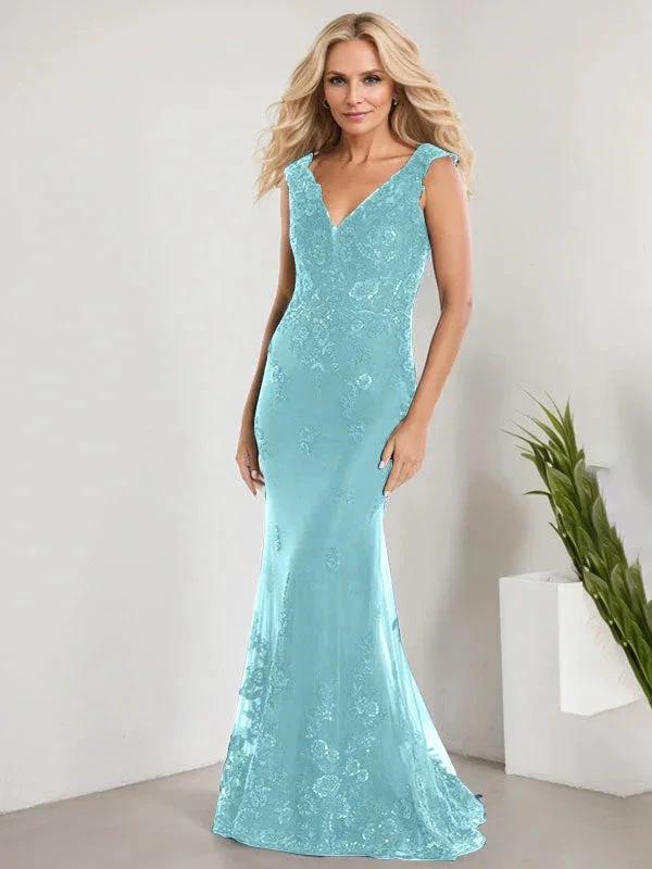 A-line V-Neck Floor-Length Lace Chiffon Mother of the Bride Dress With Applique Sequins Mermaid Dresses - Image 35