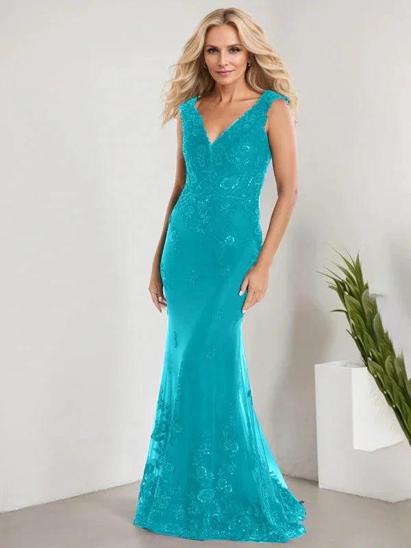 A-line V-Neck Floor-Length Lace Chiffon Mother of the Bride Dress With Applique Sequins Mermaid Dresses - Image 36