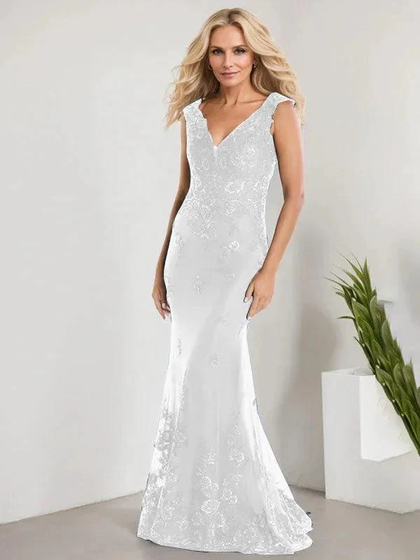 A-line V-Neck Floor-Length Lace Chiffon Mother of the Bride Dress With Applique Sequins Mermaid Dresses - Image 37