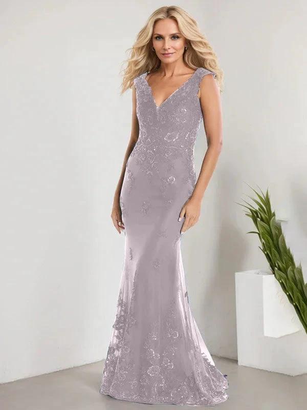 A-line V-Neck Floor-Length Lace Chiffon Mother of the Bride Dress With Applique Sequins Mermaid Dresses - Image 39