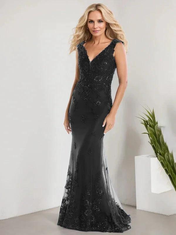 A-line V-Neck Floor-Length Lace Chiffon Mother of the Bride Dress With Applique Sequins Mermaid Dresses - Image 5