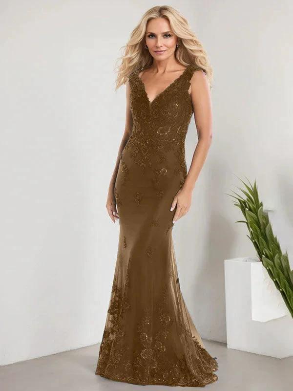 A-line V-Neck Floor-Length Lace Chiffon Mother of the Bride Dress With Applique Sequins Mermaid Dresses - Image 7