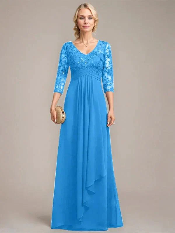 A-line V-Neck Floor-Length Lace Chiffon Mother of the Bride Dress With Cascading Ruffles Sequins - Image 10