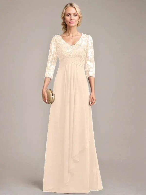 A-line V-Neck Floor-Length Lace Chiffon Mother of the Bride Dress With Cascading Ruffles Sequins - Image 11