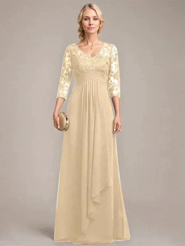A-line V-Neck Floor-Length Lace Chiffon Mother of the Bride Dress With Cascading Ruffles Sequins - Image 12