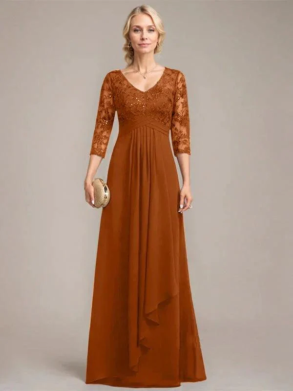 A-line V-Neck Floor-Length Lace Chiffon Mother of the Bride Dress With Cascading Ruffles Sequins - Image 13