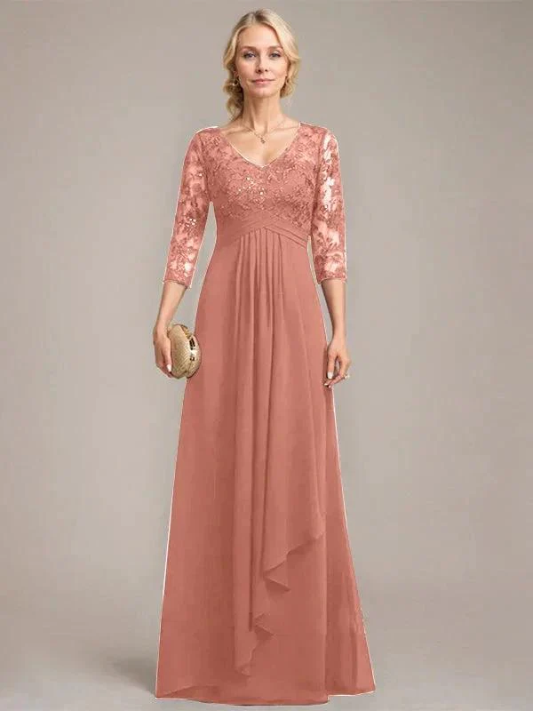 A-line V-Neck Floor-Length Lace Chiffon Mother of the Bride Dress With Cascading Ruffles Sequins - Image 14