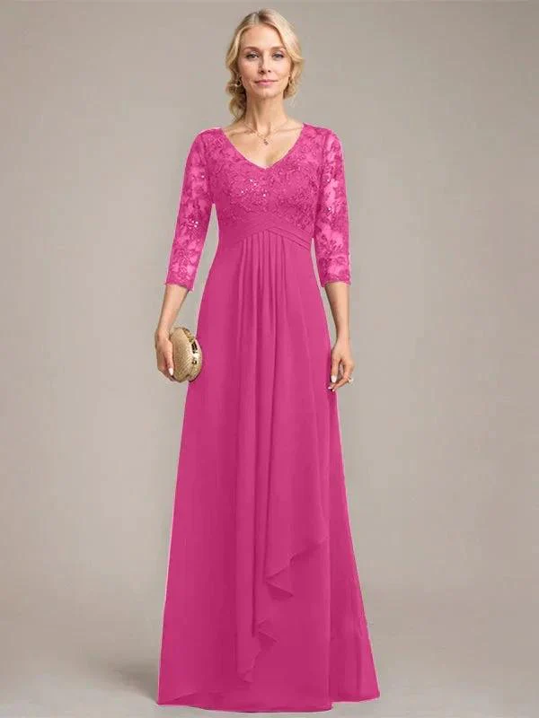 A-line V-Neck Floor-Length Lace Chiffon Mother of the Bride Dress With Cascading Ruffles Sequins - Image 15