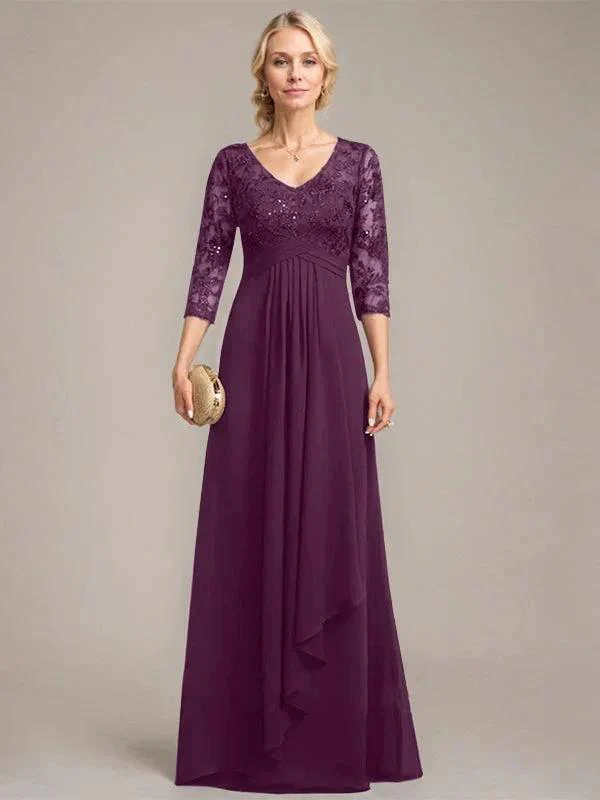 A-line V-Neck Floor-Length Lace Chiffon Mother of the Bride Dress With Cascading Ruffles Sequins - Image 16