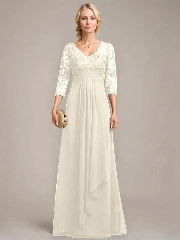 A-line V-Neck Floor-Length Lace Chiffon Mother of the Bride Dress With Cascading Ruffles Sequins - Image 17
