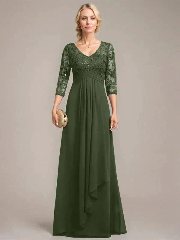 A-line V-Neck Floor-Length Lace Chiffon Mother of the Bride Dress With Cascading Ruffles Sequins - Image 18
