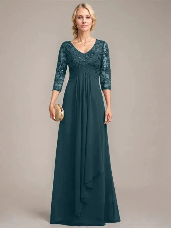 A-line V-Neck Floor-Length Lace Chiffon Mother of the Bride Dress With Cascading Ruffles Sequins - Image 19