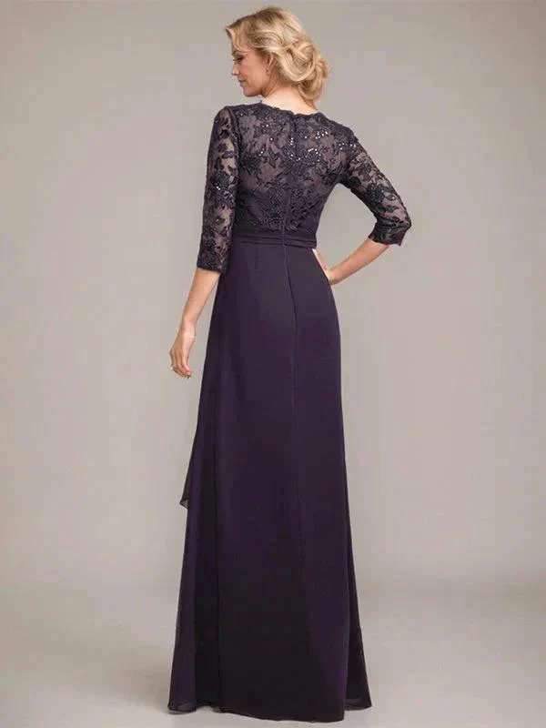 A-line V-Neck Floor-Length Lace Chiffon Mother of the Bride Dress With Cascading Ruffles Sequins - Image 2