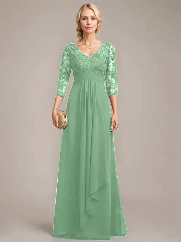 A-line V-Neck Floor-Length Lace Chiffon Mother of the Bride Dress With Cascading Ruffles Sequins - Image 20