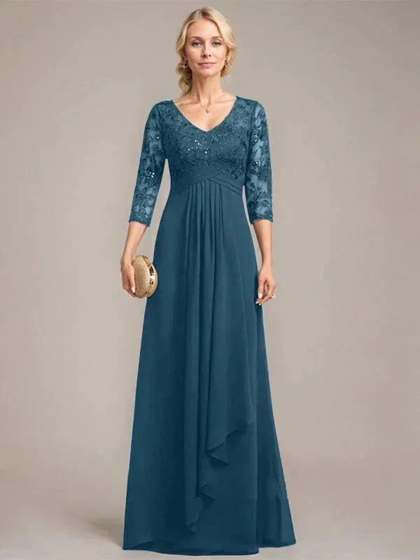 A-line V-Neck Floor-Length Lace Chiffon Mother of the Bride Dress With Cascading Ruffles Sequins - Image 21