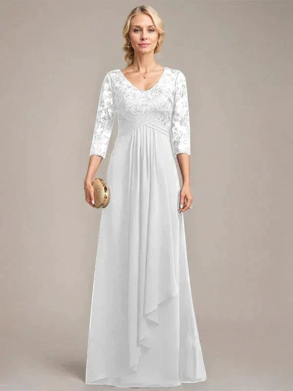 A-line V-Neck Floor-Length Lace Chiffon Mother of the Bride Dress With Cascading Ruffles Sequins - Image 22