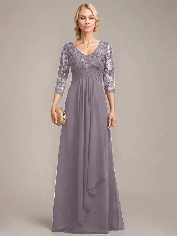 A-line V-Neck Floor-Length Lace Chiffon Mother of the Bride Dress With Cascading Ruffles Sequins - Image 23