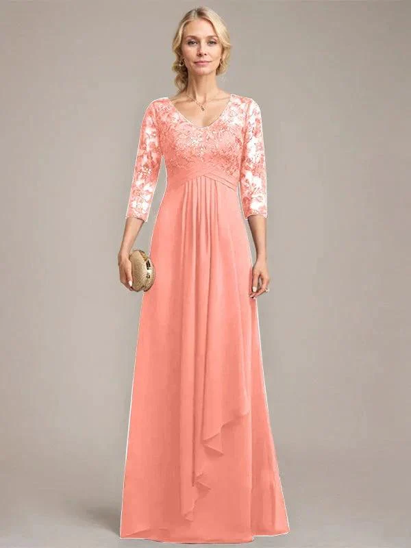 A-line V-Neck Floor-Length Lace Chiffon Mother of the Bride Dress With Cascading Ruffles Sequins - Image 24