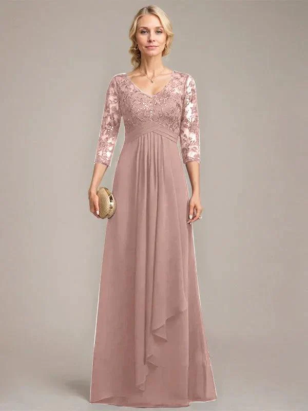 A-line V-Neck Floor-Length Lace Chiffon Mother of the Bride Dress With Cascading Ruffles Sequins - Image 25