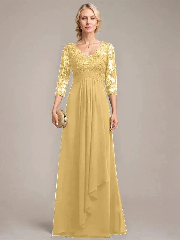 A-line V-Neck Floor-Length Lace Chiffon Mother of the Bride Dress With Cascading Ruffles Sequins - Image 26