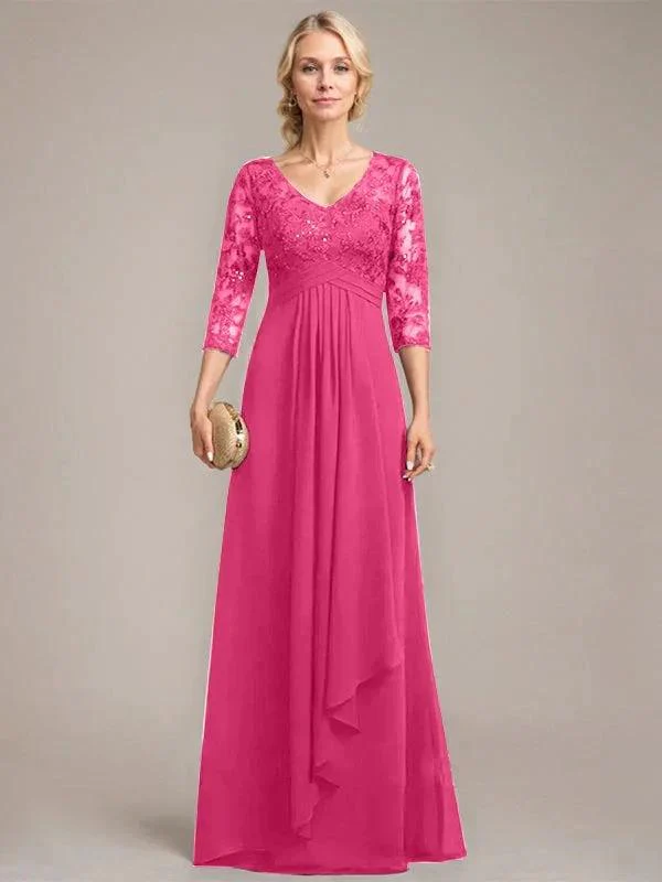 A-line V-Neck Floor-Length Lace Chiffon Mother of the Bride Dress With Cascading Ruffles Sequins - Image 27