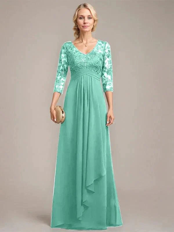 A-line V-Neck Floor-Length Lace Chiffon Mother of the Bride Dress With Cascading Ruffles Sequins - Image 28