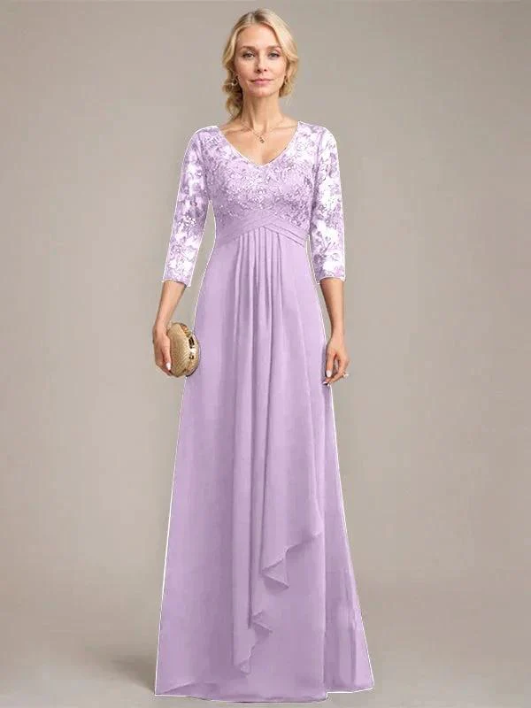 A-line V-Neck Floor-Length Lace Chiffon Mother of the Bride Dress With Cascading Ruffles Sequins - Image 29