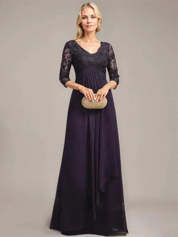 A-line V-Neck Floor-Length Lace Chiffon Mother of the Bride Dress With Cascading Ruffles Sequins - Image 3
