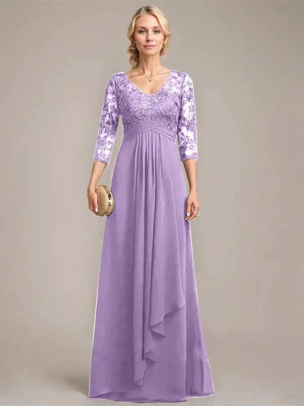 A-line V-Neck Floor-Length Lace Chiffon Mother of the Bride Dress With Cascading Ruffles Sequins - Image 30