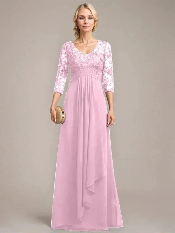A-line V-Neck Floor-Length Lace Chiffon Mother of the Bride Dress With Cascading Ruffles Sequins - Image 31
