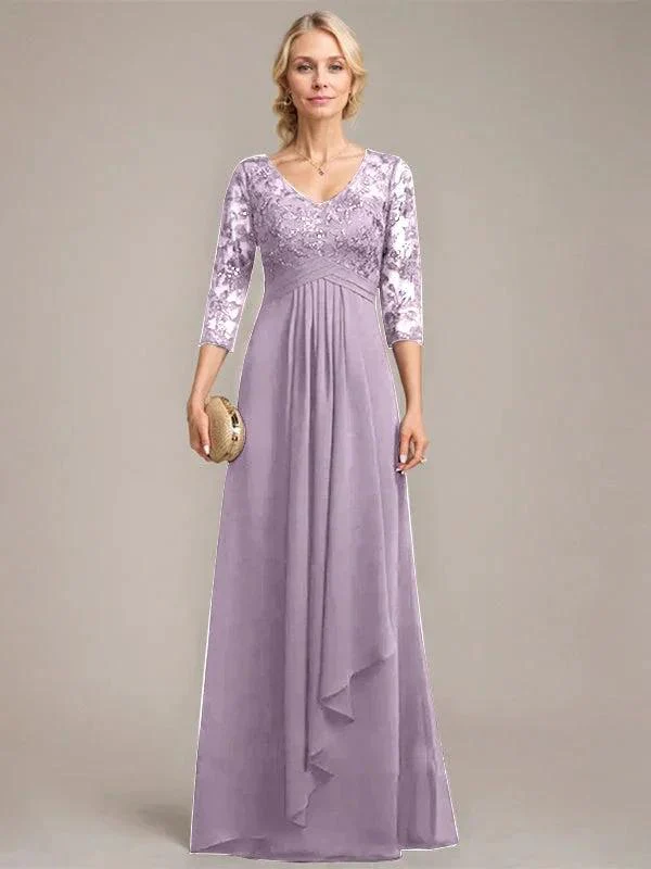 A-line V-Neck Floor-Length Lace Chiffon Mother of the Bride Dress With Cascading Ruffles Sequins - Image 32