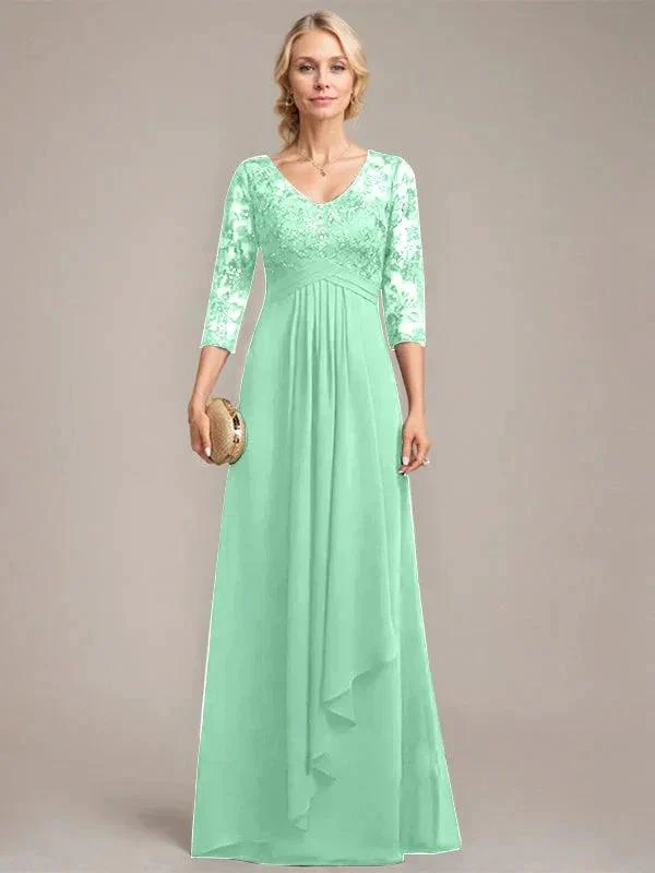 A-line V-Neck Floor-Length Lace Chiffon Mother of the Bride Dress With Cascading Ruffles Sequins - Image 33