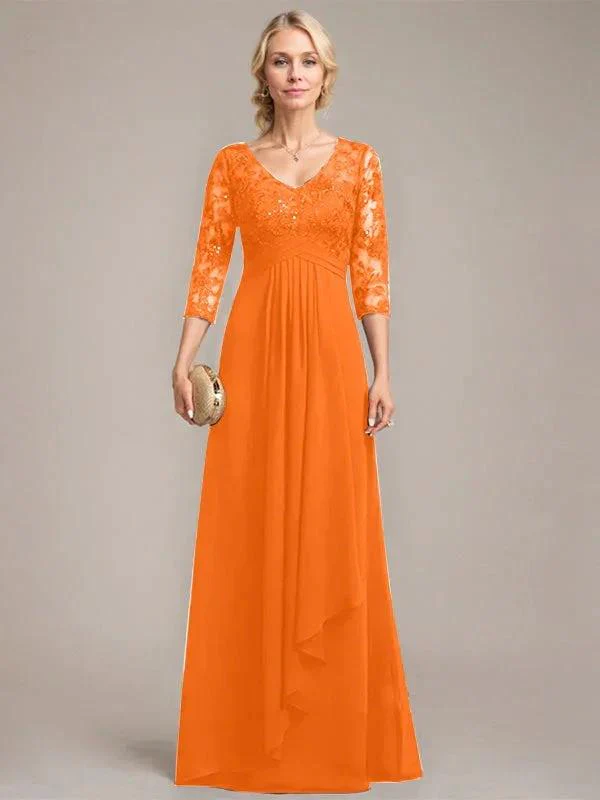 A-line V-Neck Floor-Length Lace Chiffon Mother of the Bride Dress With Cascading Ruffles Sequins - Image 35