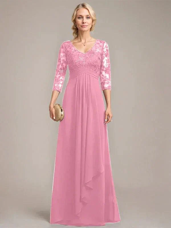 A-line V-Neck Floor-Length Lace Chiffon Mother of the Bride Dress With Cascading Ruffles Sequins - Image 36