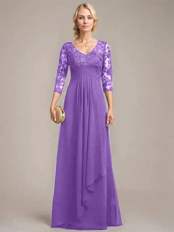 A-line V-Neck Floor-Length Lace Chiffon Mother of the Bride Dress With Cascading Ruffles Sequins - Image 37